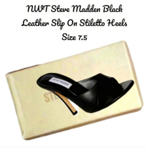 NWT Steve Madden Black Leather Slip On Stiletto Heels Size 7.5 - Picture 4 of 7